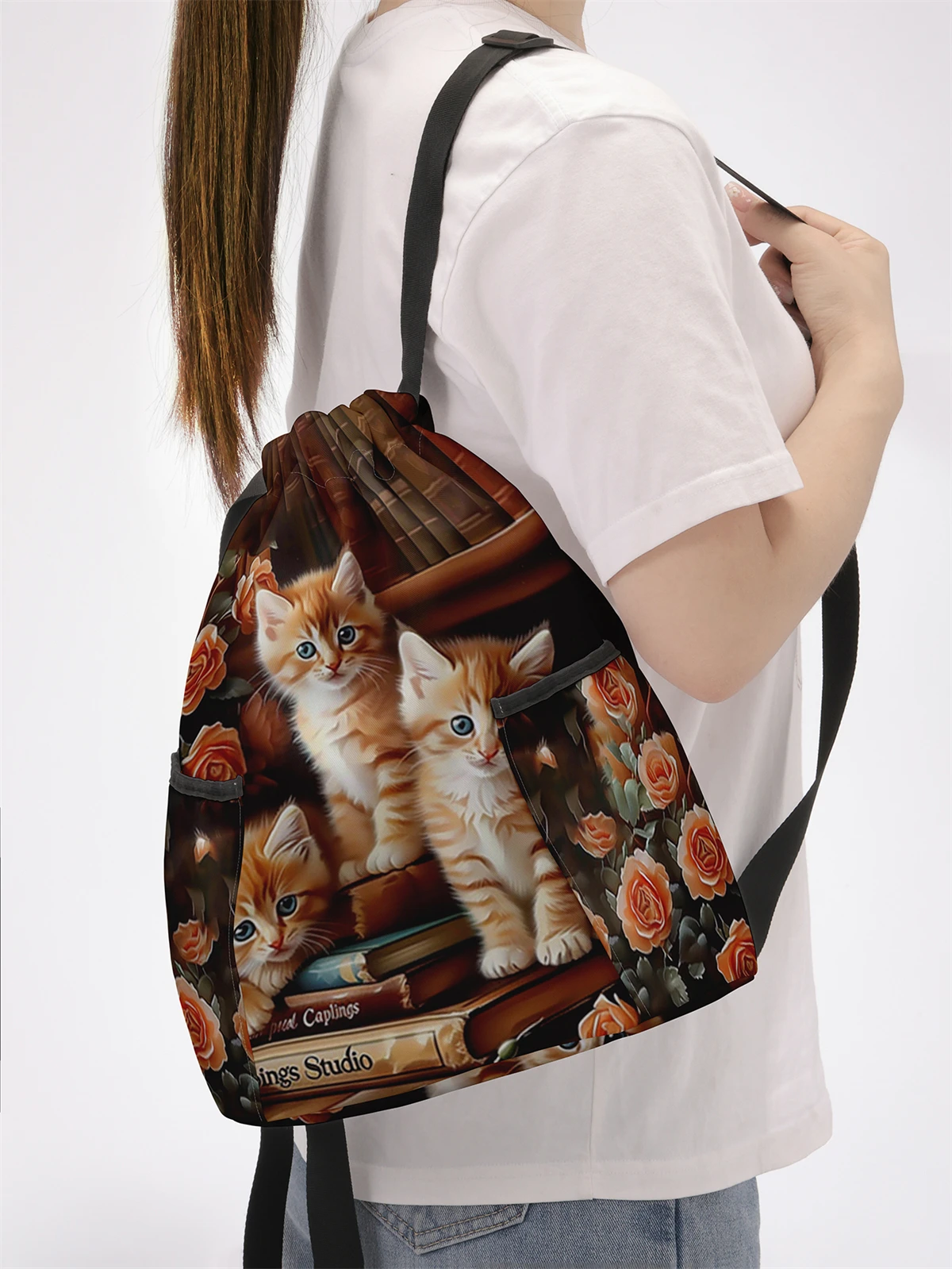 Cute Cat Pattern Printed Drawstring Backpack - Large Capacity Durable Fitness Bag, Sports Beach Backpack