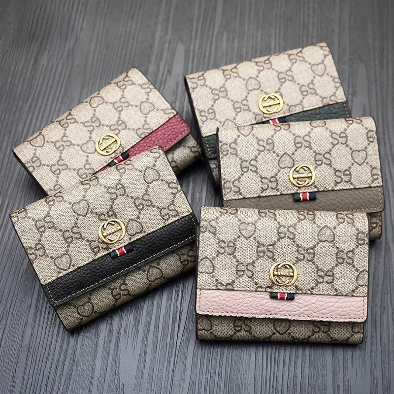 Genuine Cow Leather Short Wallet for Women Real Leather + PVC Small Purse Bank Card Holder Money Clip Small Wallet