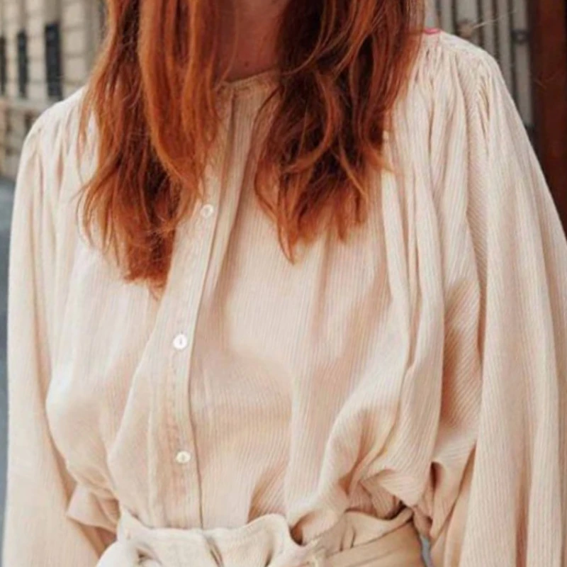 

Women's Flower Embroidered O-Neck Long Sleeve Blouse Vertical Stripes Ladies Vintage Loose Single Breasted Shirt Top
