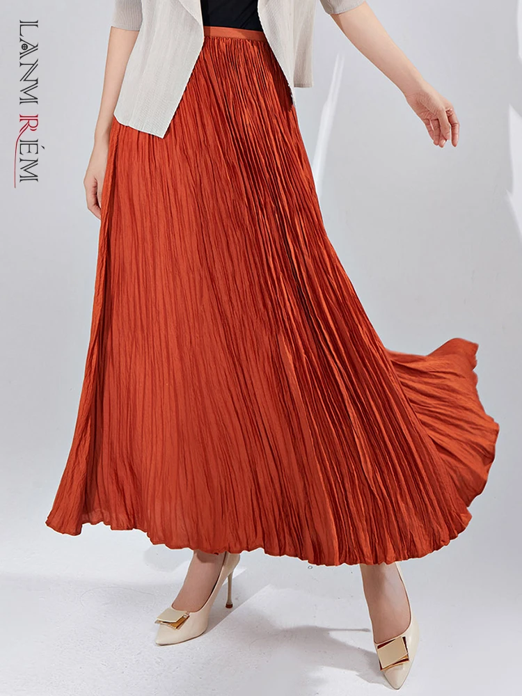 

LANMREM Casual Pleated A-line Skirt Women High Waist Solid Color Loose Female Skirts Elegant 2023 Autumn New Clothing 2AA2954