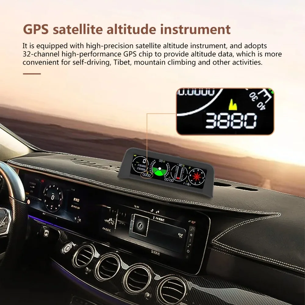 X90 GPS 속도 PMH KMH 스마트 경사계 자동차 나침반 HUD 피치 틸트 각도기 시계 위도 경도 12V