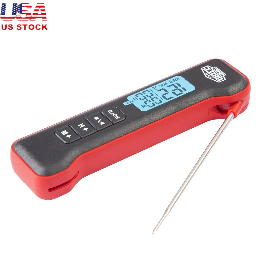 Pocket Digital Instant Read Meat Thermometer Fast Accurate Temperature Reading Grill BBQ Timer Soft Grip Stainless Steel Probe