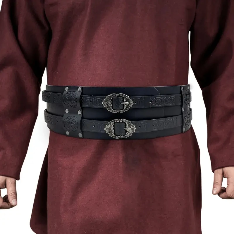 

Medieval Renaissance Viking Knight Wide Belt Cosplay Stage Props Retro Embossed Waist Pu Leather Wide Belt With Double Buckle