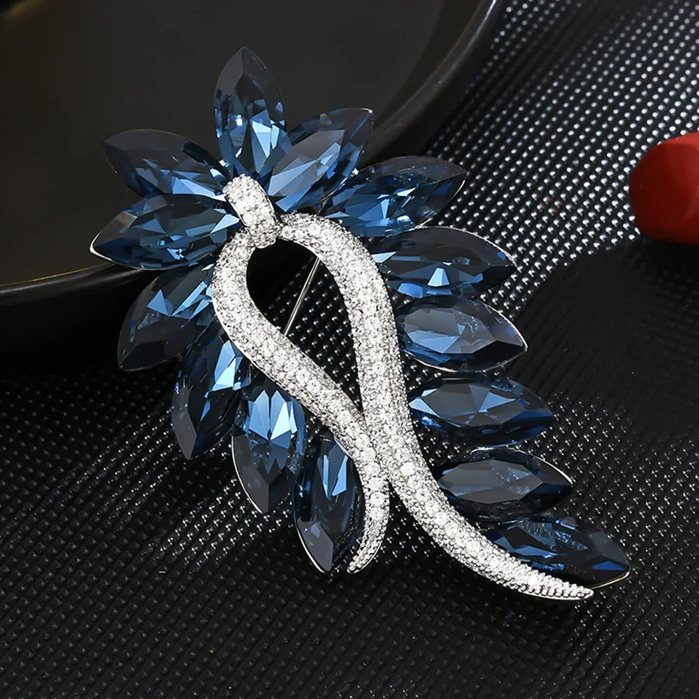 Elegant Crystal Brooch Blue Rhinestone Olives Branch Brooches Pin Collar Jewelry Suit Coat Dress Accessories Gift Corsage