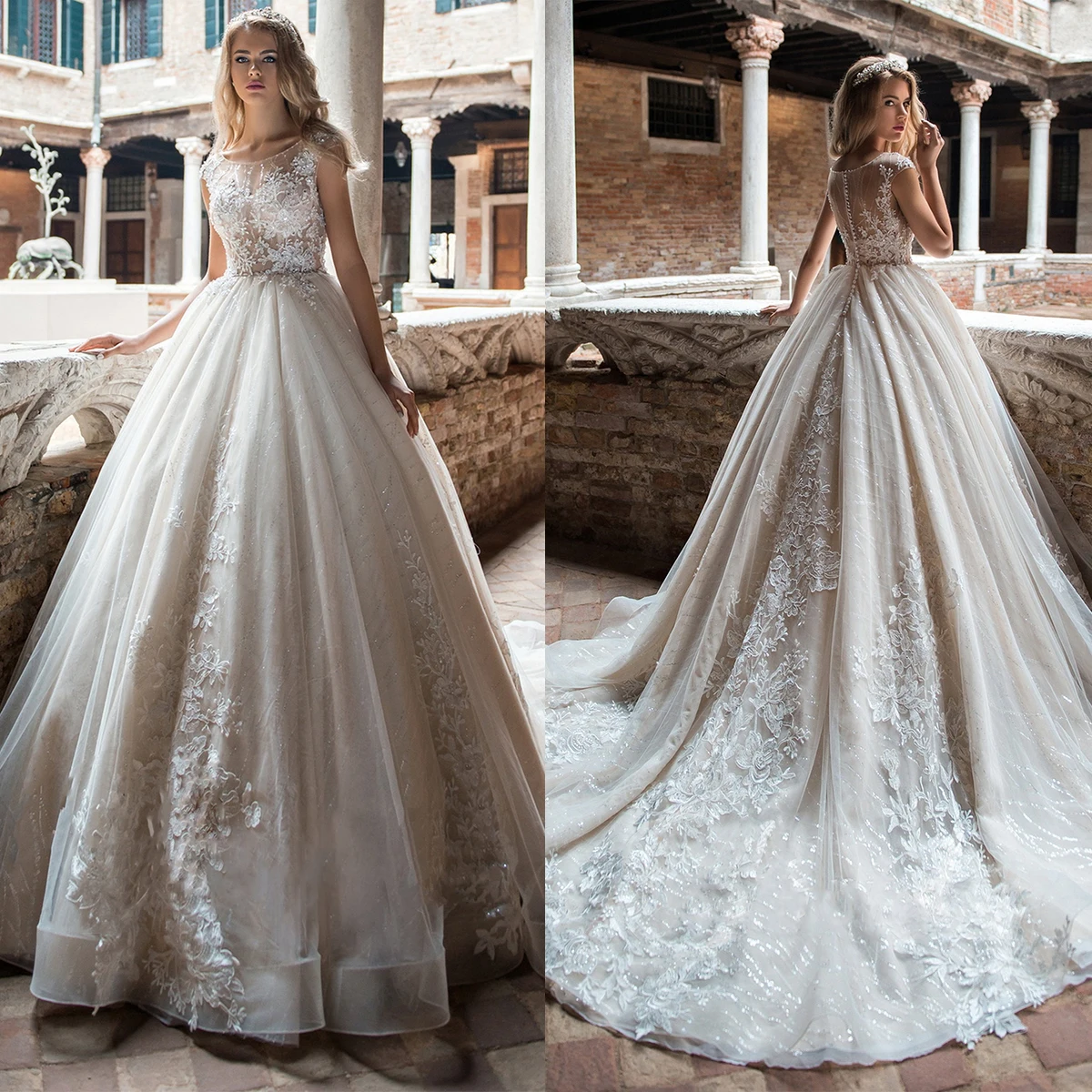

Classic A-Line Wedding Dress For Women O-Neck Sequins Appliques Bridal Gown Tank Sleeves Skirt Sweep Train Dresses