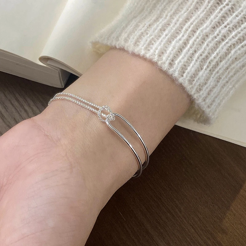 INZATT Real 925 Sterling Silver Asymmetric Double Layer Chain Bracelet for Women Hiphop Fine Jewelry Minimalist Accessories 5