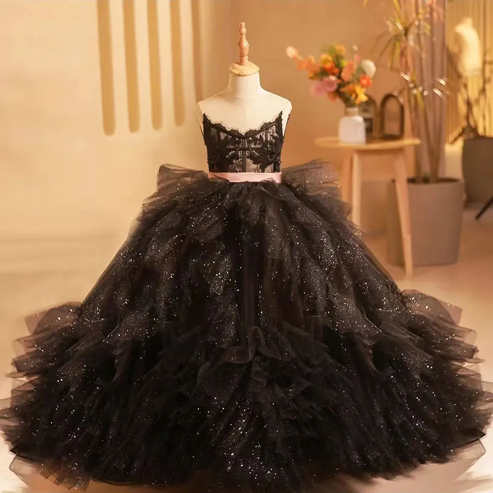 

Jill Wish Luxury Arabic Black Girl Dress Sequined Appliques Kids Princess Birthday Wedding Party First Communion Gown 2024 J239