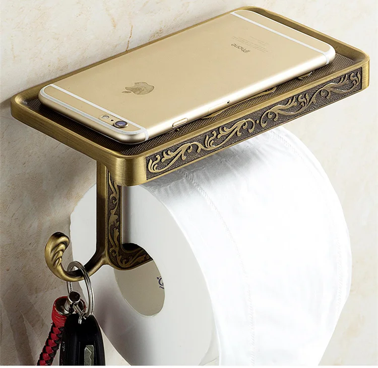 European Style Retro Toilet Paper Holder Hook Phone Stand Drilling Toilet Roll Paper Frame Embossed Craft Bathroom Accessories