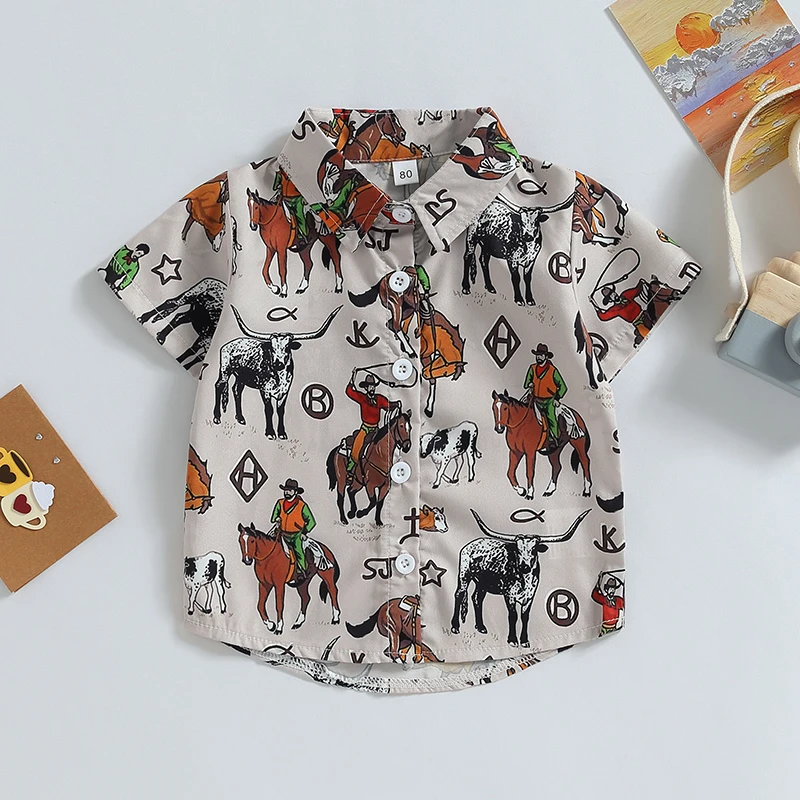 WesternBabyBoyClothesBootsHorsePrintButtonUpShirtsShort