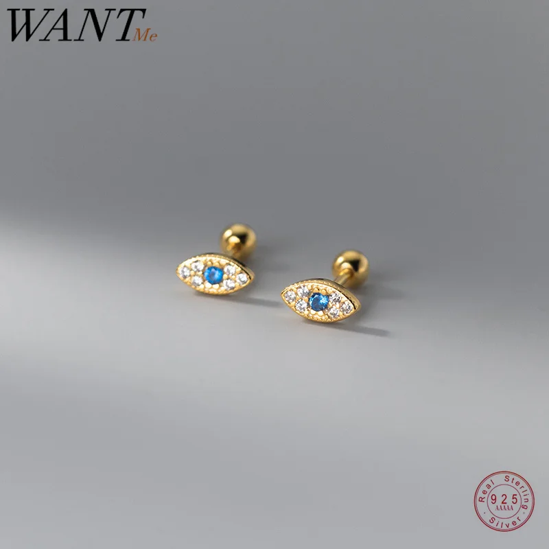 Wantme 925 Sterling Silver Fashion Blue Zircone Devil'S Eye Screw Beads Orecchini A Bottone Per Le Donne Semplici Gioielli Piercing Malocchio