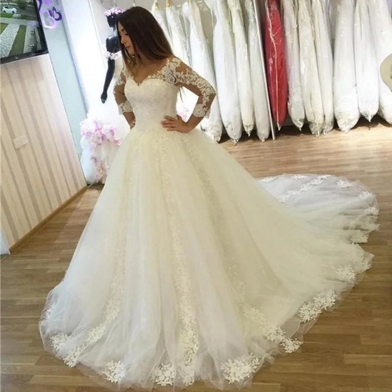 

Chapel A Line Long Sleeves Wedding Dresses Vestido De Noiva 2023 V Neck Corset Ball Gown Ivory Tulle Bridal Dress Lace Appliqued