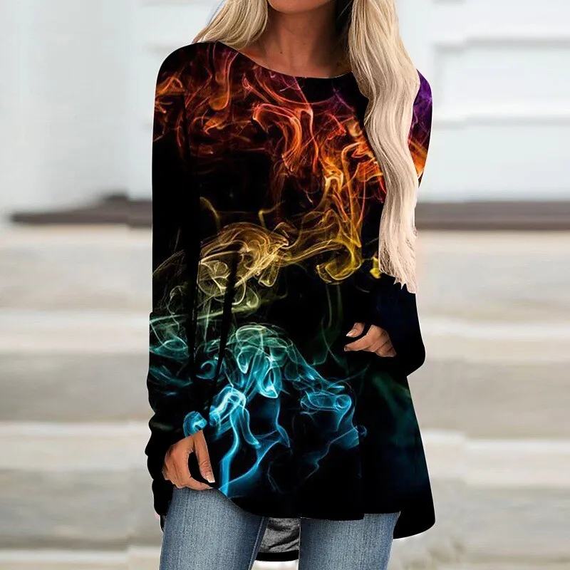 

Женская Винтажная футболка с длинным рукавом, элегантный Свободный Повседневный пуловер серого цвета с абстрактным принтом и круглым вырезом, Осень-зима 2023
