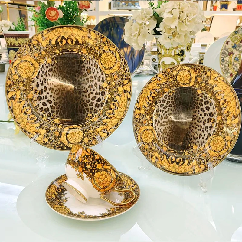 Golden Edge Luxury Tableware Set, Western Dinner Plate, Steak Flat Tray, Bone China Dinnerware Set, Coffee Cup, 10 ", 8"