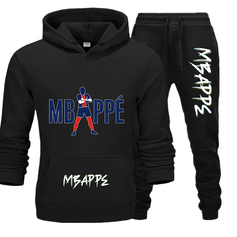 Mbappe printed adult fleece hoodie set autumn and winter sweatshirt pants 2-piece sportswear suit for men and women