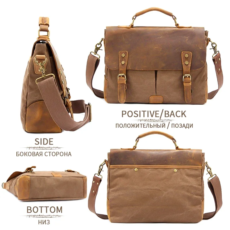 Vintage Crazy Horse Leather Canvas Messenger Bag Laptop Briefcase Crossbody Satchel