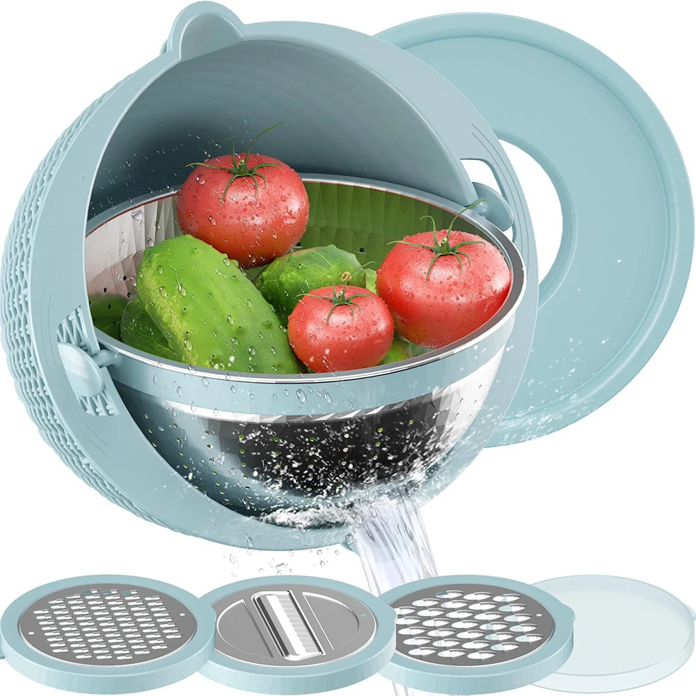 

4 In 1 Colander Strainer with Mixing Bowl Set Double-layer Rotatable Washing Drain Basket Stainless Steel Fruit Vegetable Slicer