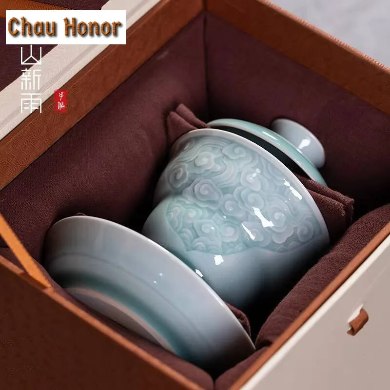 160ml Luxury Plum Green Ceramic Gaiwan Handmade Longquan Celadon Gourd Sopera Tea Tureen Tea Maker Cover Bowl Teaware Collection