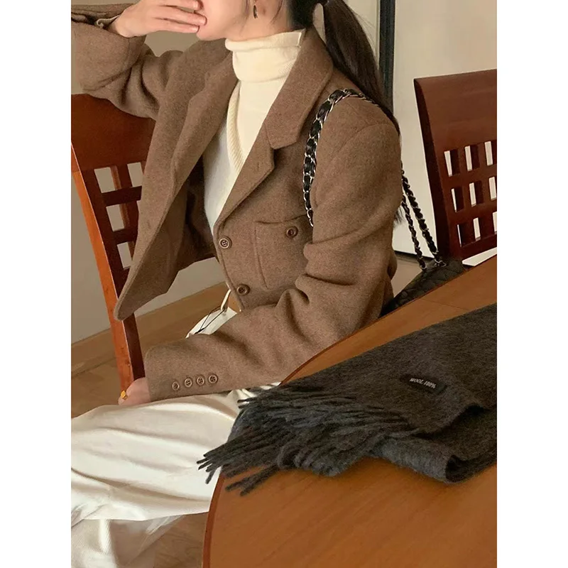 빈티지 하이 엔드 Feelsuit 칼라 트위드 스타일 멀티 포켓 싱글 브레스트 모직 자른 자켓 탑 여성용 짧은 코트 블레이저