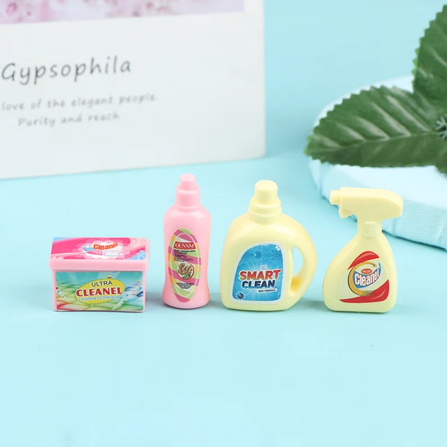 4Pcs/Set 1:12 Dollhouse Miniature Cleaning Set Laundry Detergent Soap Household Washing Kit Pretend Play Doll House Accessories 3