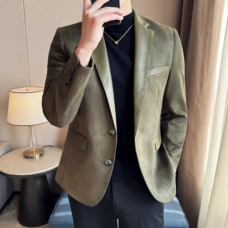 Suede Suit Jacket for Men Korean Fashion PU Splicing Casual Business Blazer Masculino Office Social Dress Coat Men Clothing