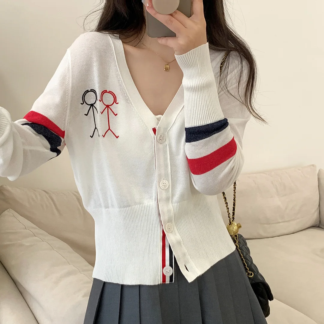 

TB BROWIN Women UV Protect Kniited Cardigan Striped Slim Outerwear Skin Coat Thin Korean Design High Quality
