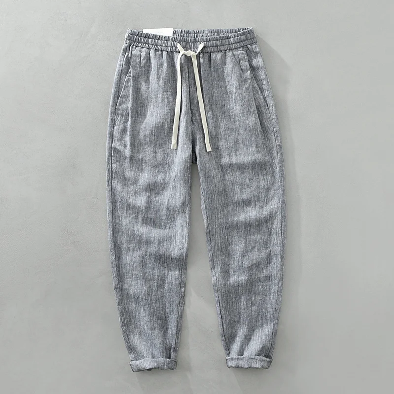 

100% Linen Pants for Men Premium Elastic Drawstring Waist Solid Color Simple Straight Pants Loose Casual Versatile Long Trouser