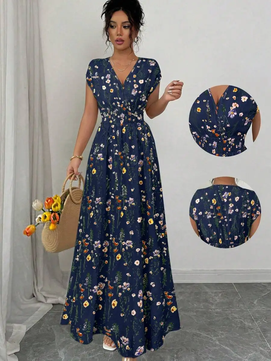 Damen Blumenmuster V-Ausschnitt Ärmelloses Tailliertes Maxikleid Marineblau Blumiges Sommer Boho Urlaub Teeparty-Kleid