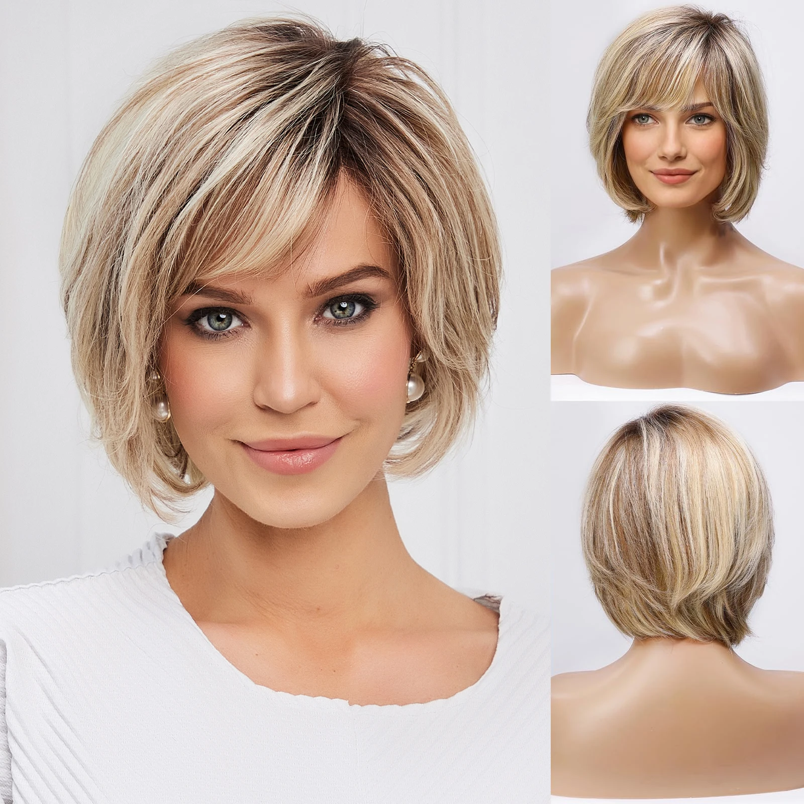 Human Hair Lace Front Wigs Ombre Mixed Blonde Short Layered Natural Wavy Bob Remy for White Women Daily Use