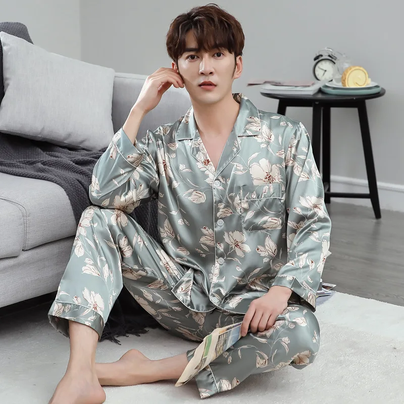 Spring Autumn Men's Simulation Silk Pajamas Long Sleeve Pants Oversized Loose Casual Home Clothing Set Printed Sleepwear