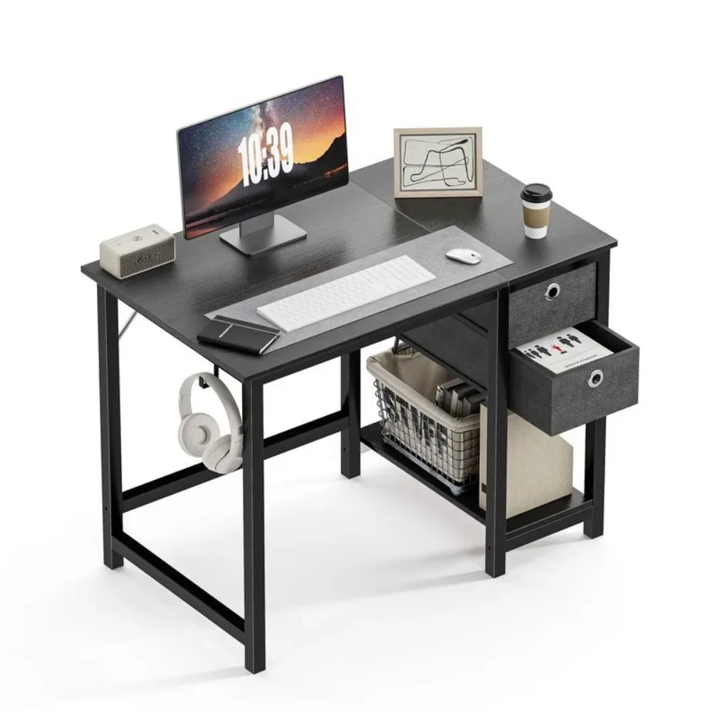 

40 Inch Writing Desk Work Desk PC Table Study with 2-Tier Drawers Storage Shelf Headphone Hook, Modern Simple Style, Gaming