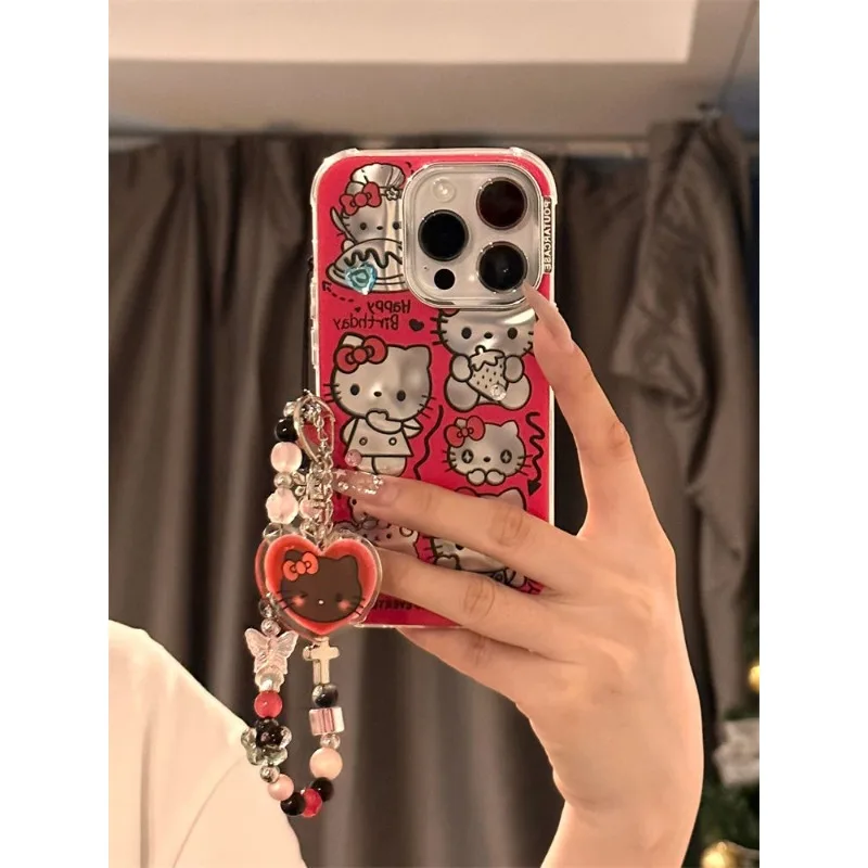 

Kawaii Sanrio Anime Hello Kitty TPU Phone Case Cute Cartoon Red Hollow Out Lovely Sweet Bracelet Relief Painting Gifts for Girls