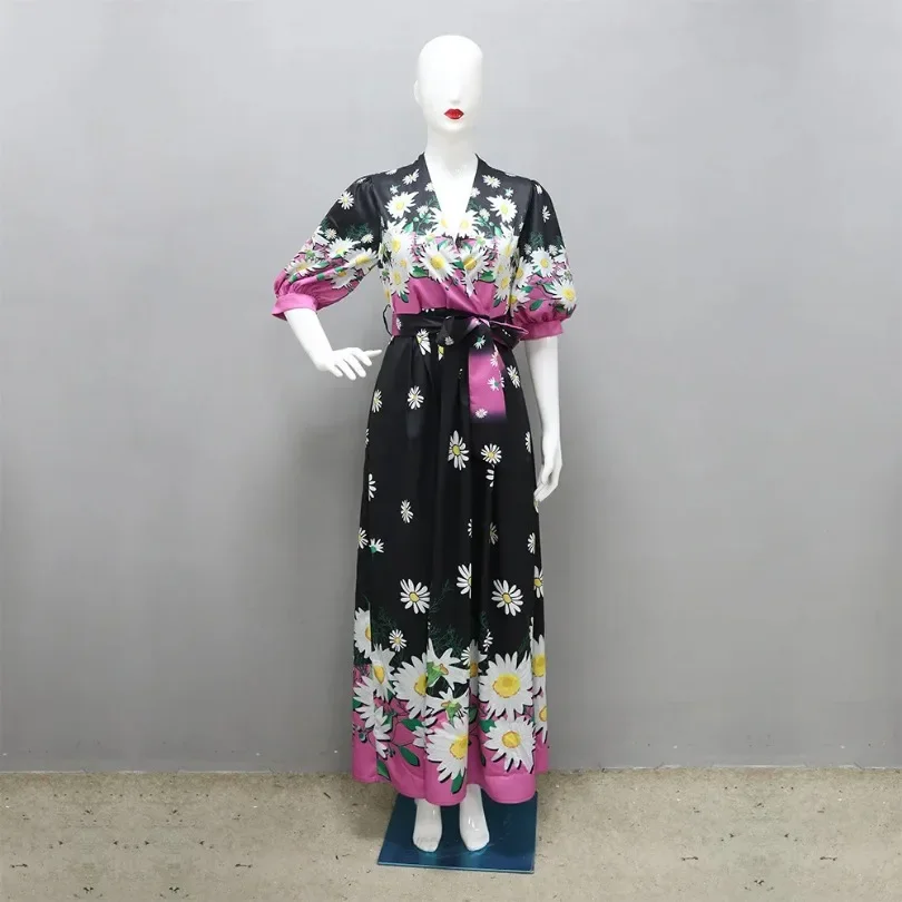 Abaya Dress Spring Autumn 2024 Muslim Women Elegant Half Sleeve V-neck Polyester Printing Long Maxi Dress Muslim Fashion Dress