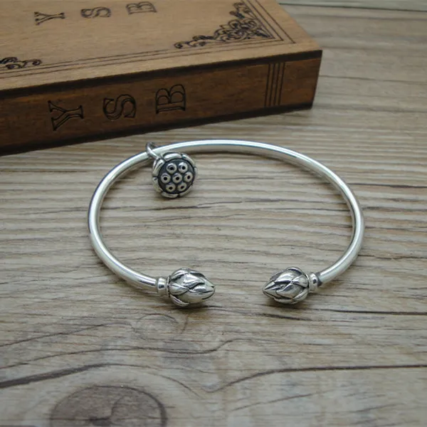 

Fashion Handmade Thai Silver Jewelry Wholesale for Women Simple Lotus Bohemian Pure Silver Bracelet Chinese Open Bracelet