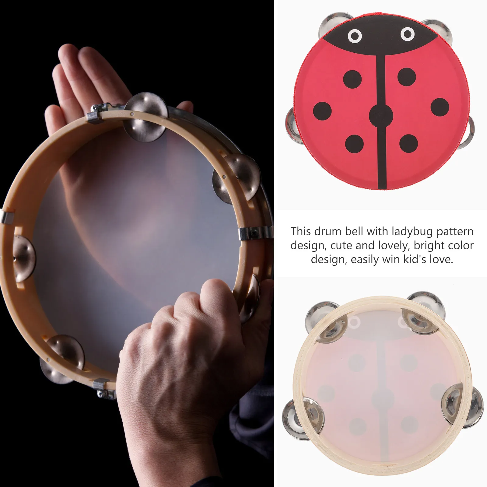 교육용 나무 금속 드럼 벨 무당벌레 패턴 어린이를위한 악기 리듬 개발 타악기 드럼 벨