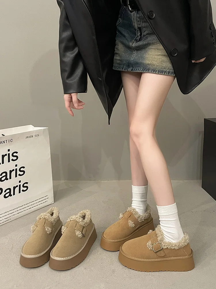 

Туфли женские с круглым носком, платформа, клоги, без застежки, платформа, криперы, без застежки, ретро зимняя базовая ткань, короткая плюшевая римская обувь из ПВХ