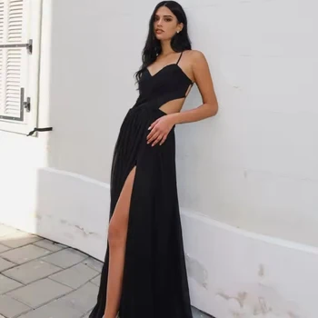 Customize Black Prom Dresses Floor-Length Spaghetti Strap Backless robes de soirée Sleeveless Side Slit  Wedding Dress 2025