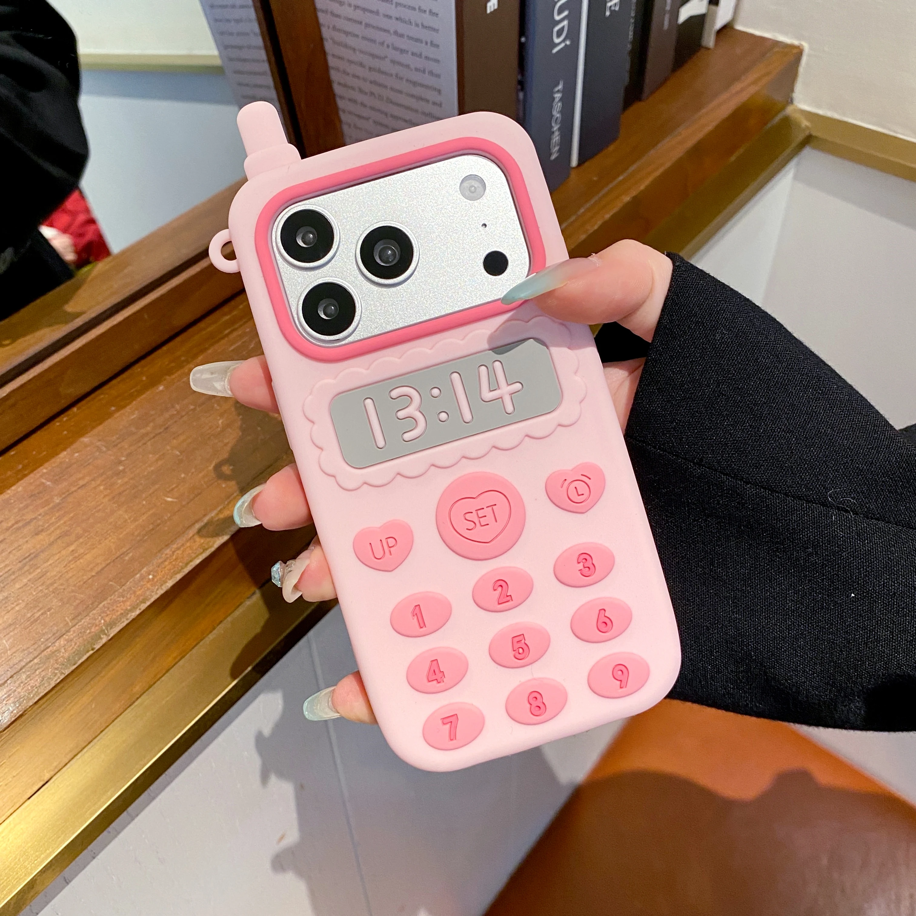 3D Pink Telephone Antenna Silicone Phone Case with Love Heart Shockproof Cover