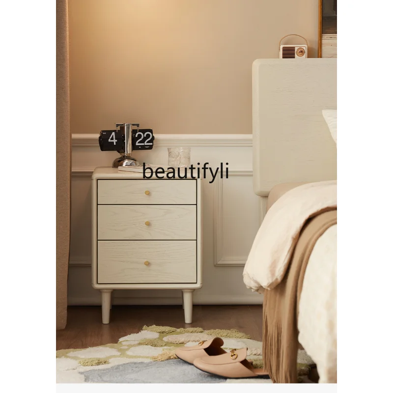 

Solid Wood Bedside Table Modern Minimalist White Cream Oak Bedside Cabinet chest of drawers for bedroom storage cabinet