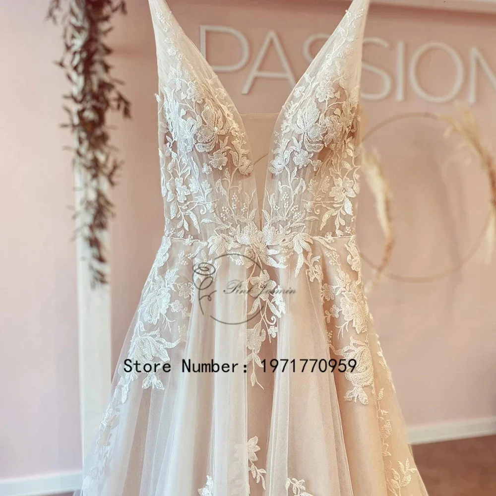 

Ivory Deep V Neck Wedding Dresses For Women Applique Elegant Lace Zipper Back Bridal Gown Sweep Train Robe De Mariée 2024 New