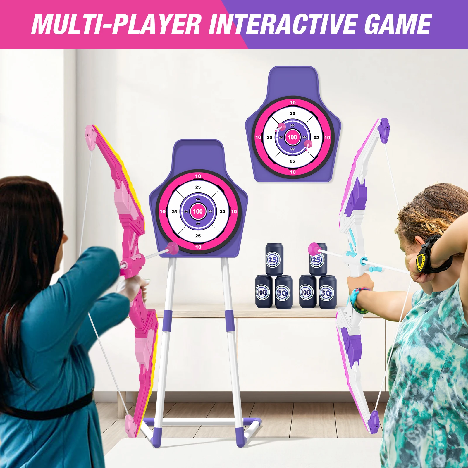 2 Pack Archery Set - Includes 2 Bows, 24 Suction Cup Arrows & 2 Quivers & Standing Target, Outdoor Light Up Toys for Boys Girls 6