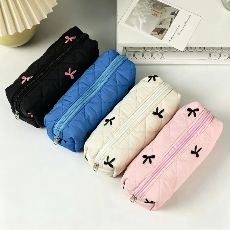Astuccio Semplice Monocolore con Fiocco, Portatile, Scatola Portaoggetti da Scrivania, Borsa Multifunzionale per Studenti e Penne Scolastiche - immagine 2