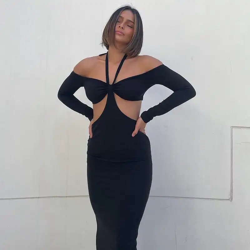 

Y2k Fashion Sexy Women's Autumn New Solid Color V-Neck Hanging Neck Long sleeved Hollow Waist Slim Fit Dress for Women
