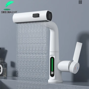 Rubinetto da cucina estraibile a cascata Bianco Display digitale intelligente Rubinetti miscelatori caldi freddi Rubinetto per lavabo girevole per lavabo 1