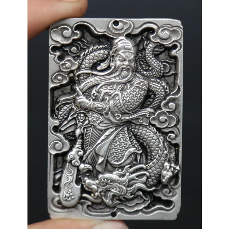

70MM/2.8" Collection China Argentan Exquisite Animal Dragon Buddhism Guan Gong Yu Warrior God Amulet Pendant Statue Statuary116g