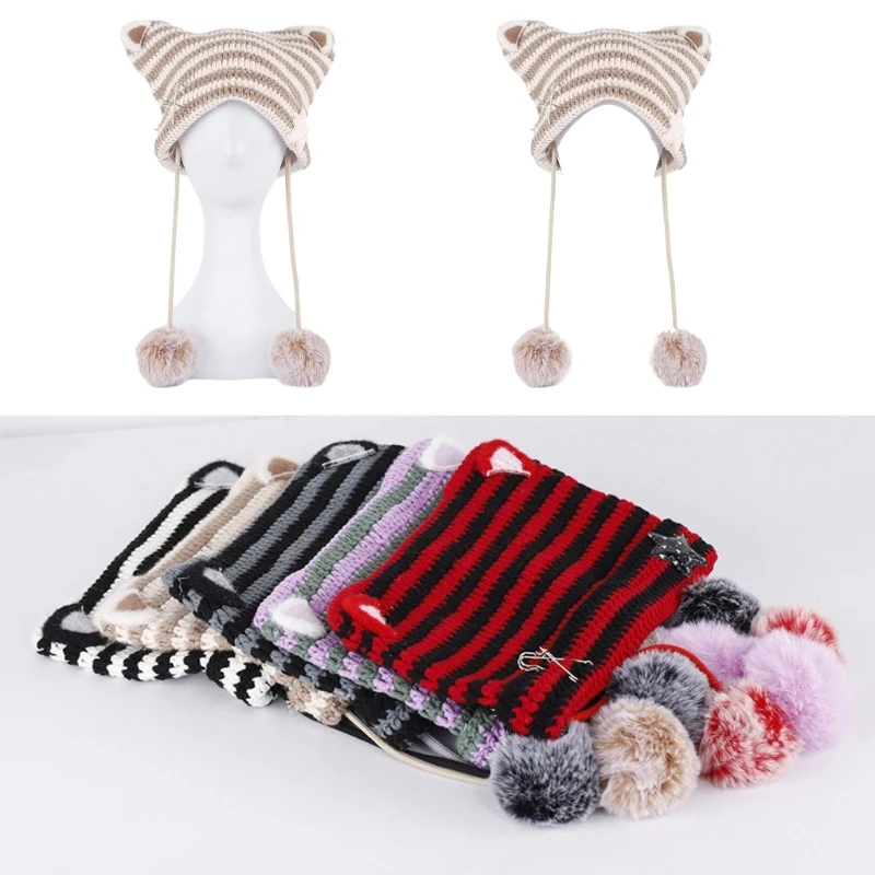 

Q0KE Popular Bobble Hats Knitting Beanie Hat with Cats Ear Y2K Women Winter Hat Girls Gothics Hat Woolen Yarn Cap Stripes Hat
