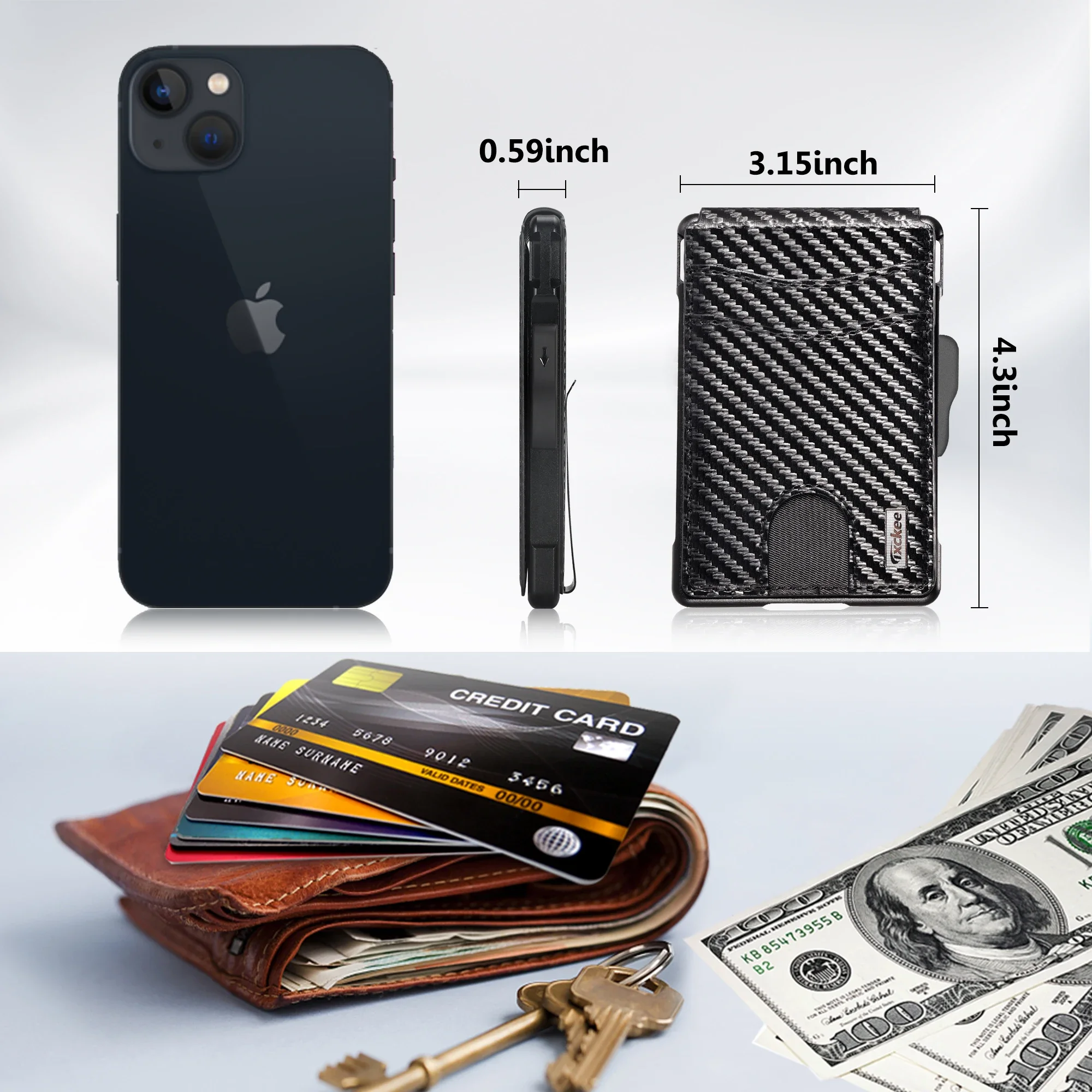 Portafoglio da uomo minimalista, porta 9-13 carte, sottile e compatto con fermasoldi, finestra per documenti, blocco RFID, porta carte smart pop-up. - immagine 5