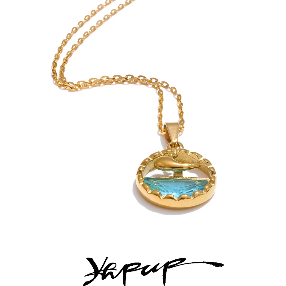 Yhpup Whale Pendant Necklace Blue Zirconia Stainless Steel Women