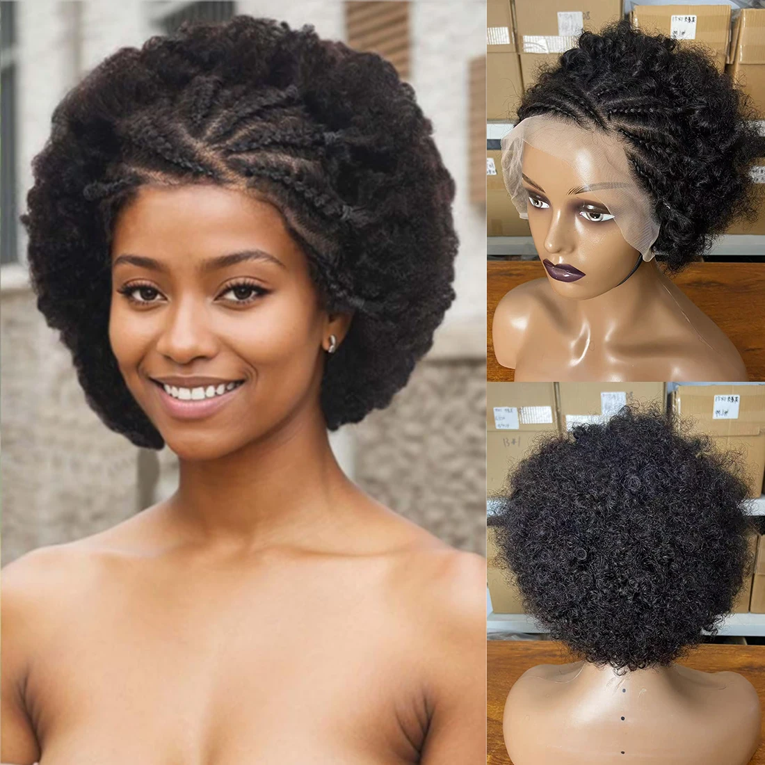 Full Frontal Braided Afro Wigs 13X4 Lace Full Frontal Human Hair Wig for Women Short Afro Curly Wig Brazilian Remy Hair 8 Inch