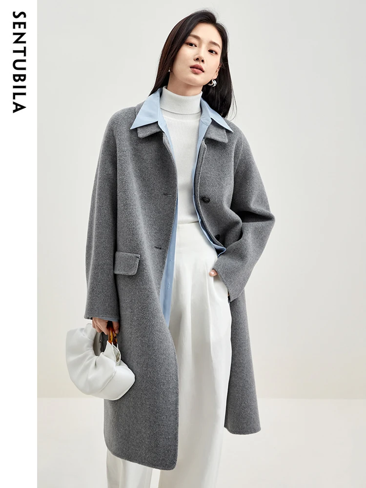 SENTUBILA Winter 100% Wool Coat for Women 2023 Simple Comfortable Warm Lapel Double-faced Woolen Long Jacket Overcoat W34O49911