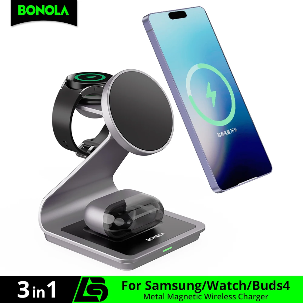 Bonola Magnetic 3 in 1 Wireless Charger Station for Samsung S24 Ultra/S25 25w Fast Charging Stand for Galaxy Watch 7/6/5/Earbuds